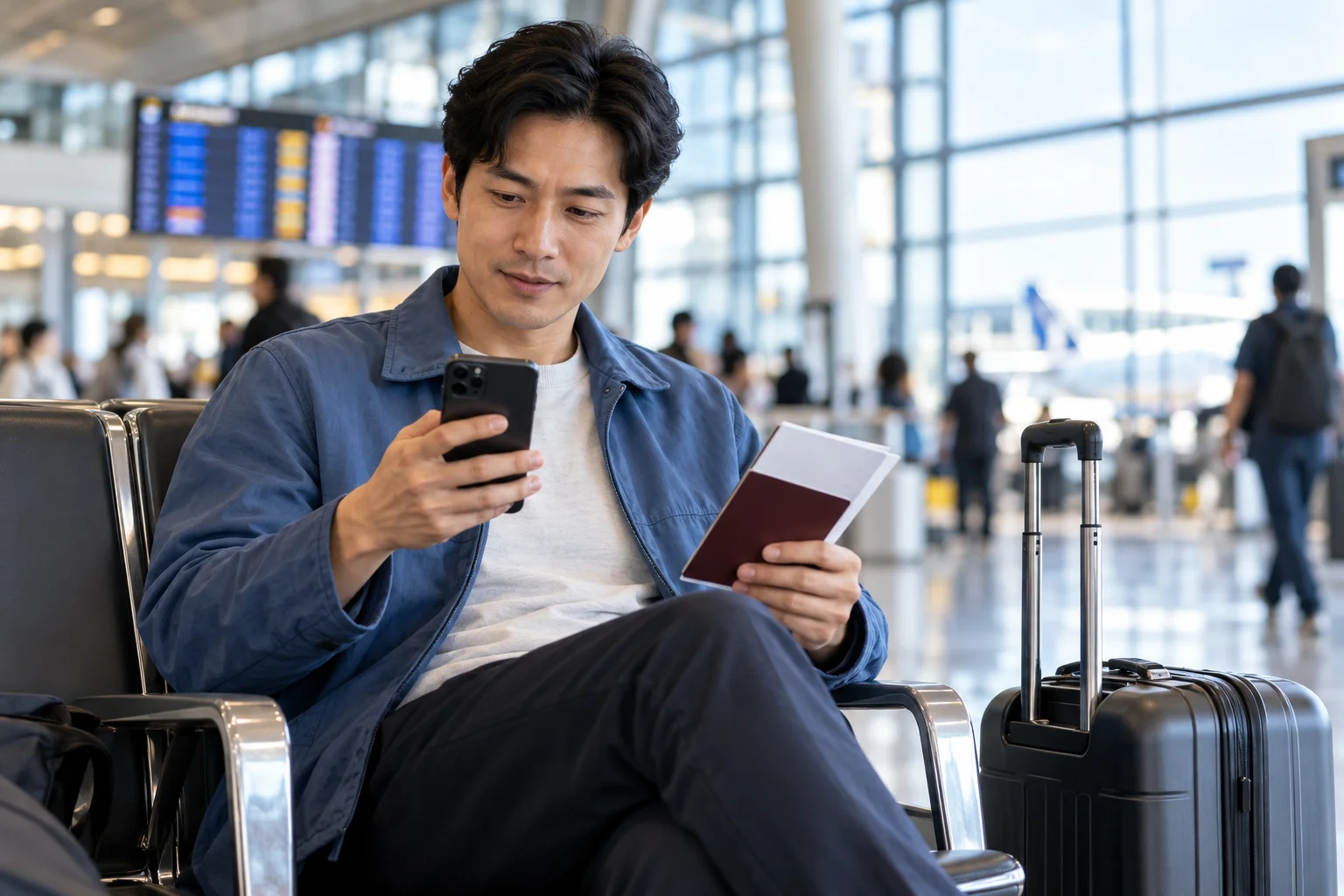 Traveller reviewing passport and phone at the airport, illustrative arrival preparation scene