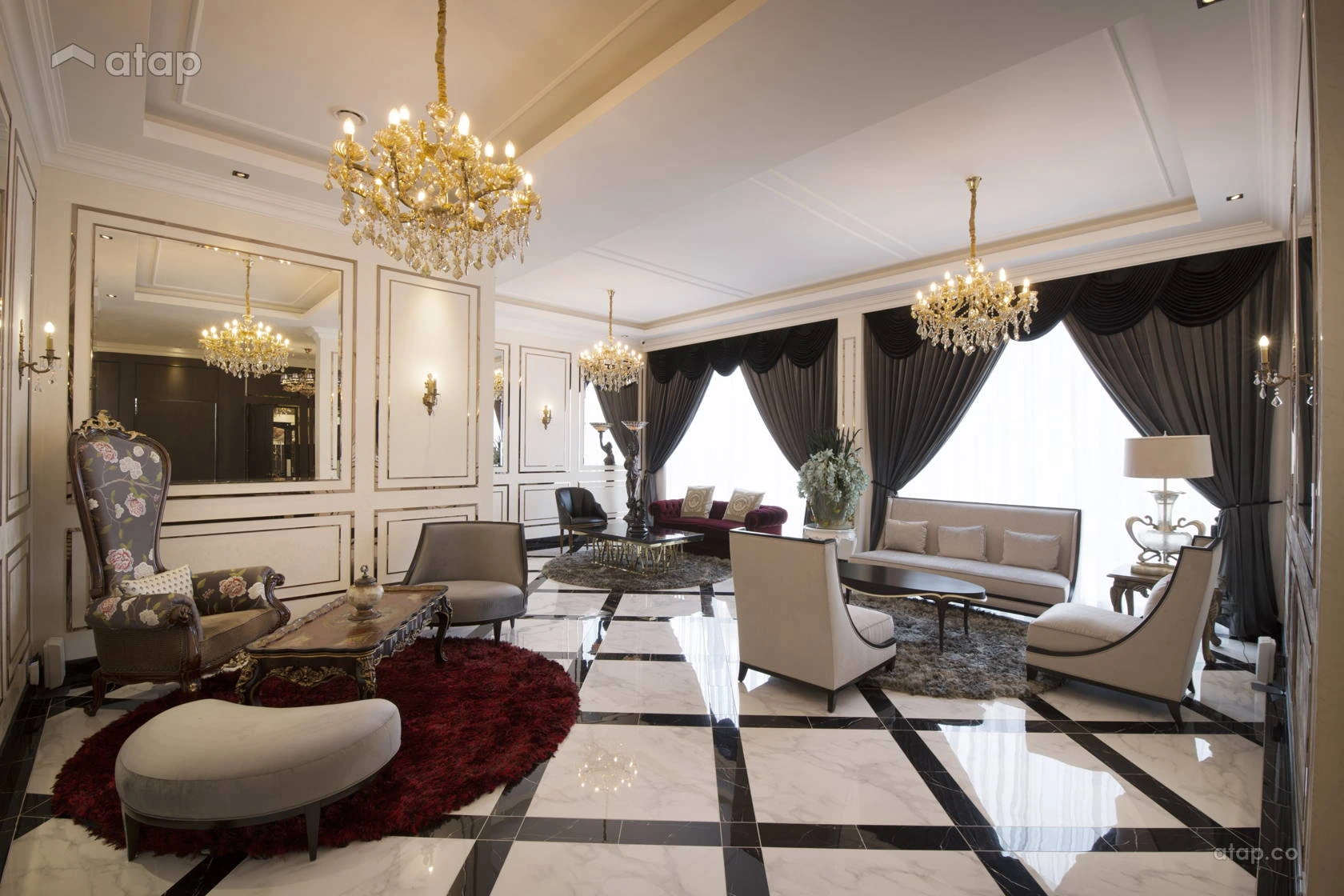 BBG7 private lounge with chandeliers and comfortable seating