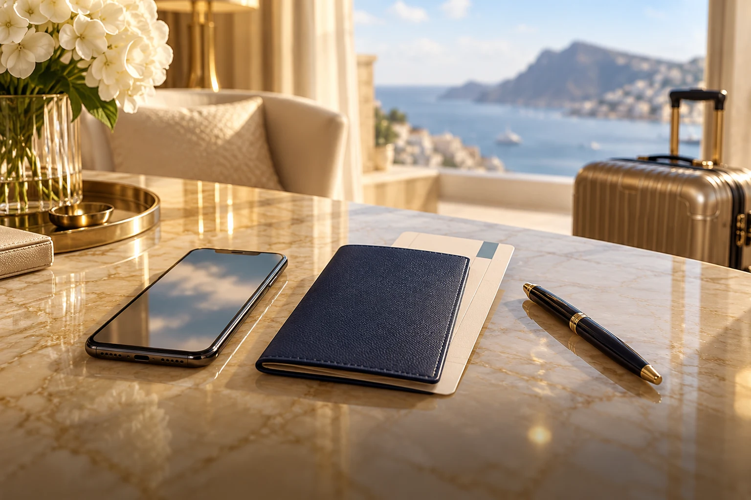 Passport and travel documents on an elegant desk