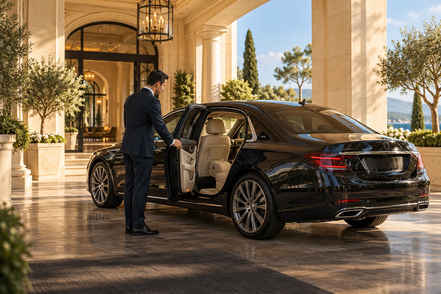 Chauffeur opening a luxury sedan at a hotel