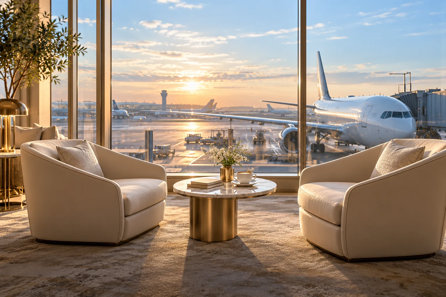 Bright airport lounge with comfortable seating