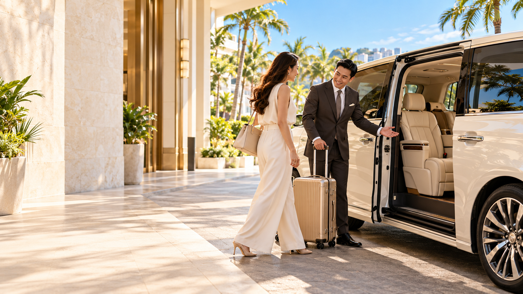 Chauffeur welcoming a guest beside a luxury sedan at a bright resort entrance