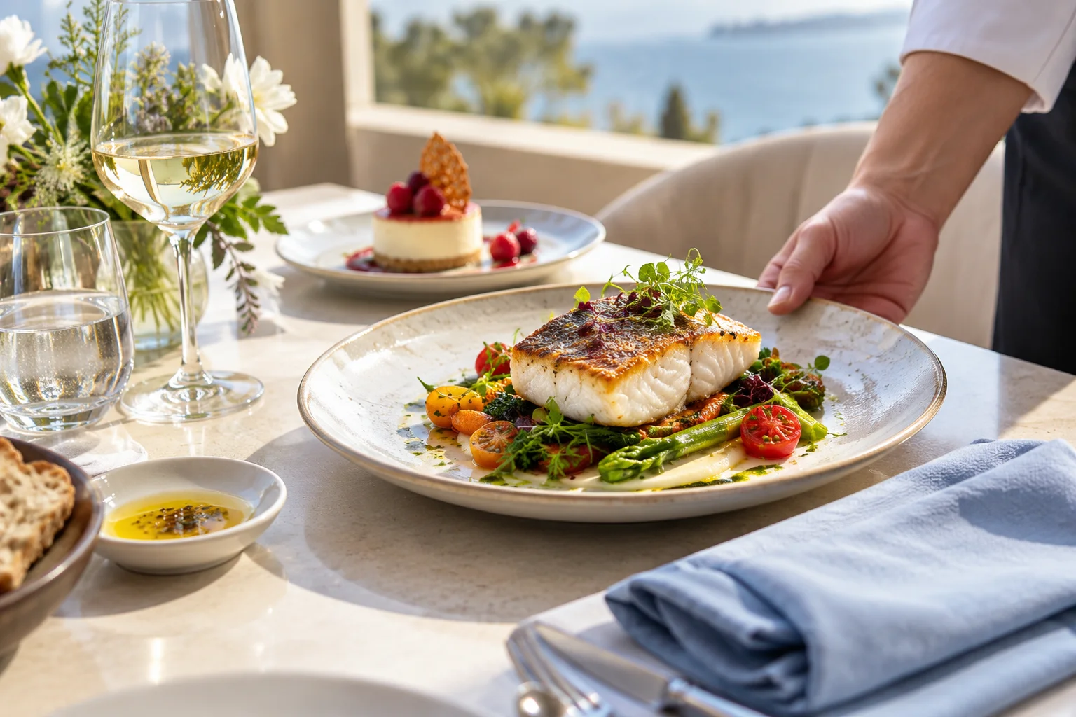Chef serving a plated fish dish, illustrative dining scene