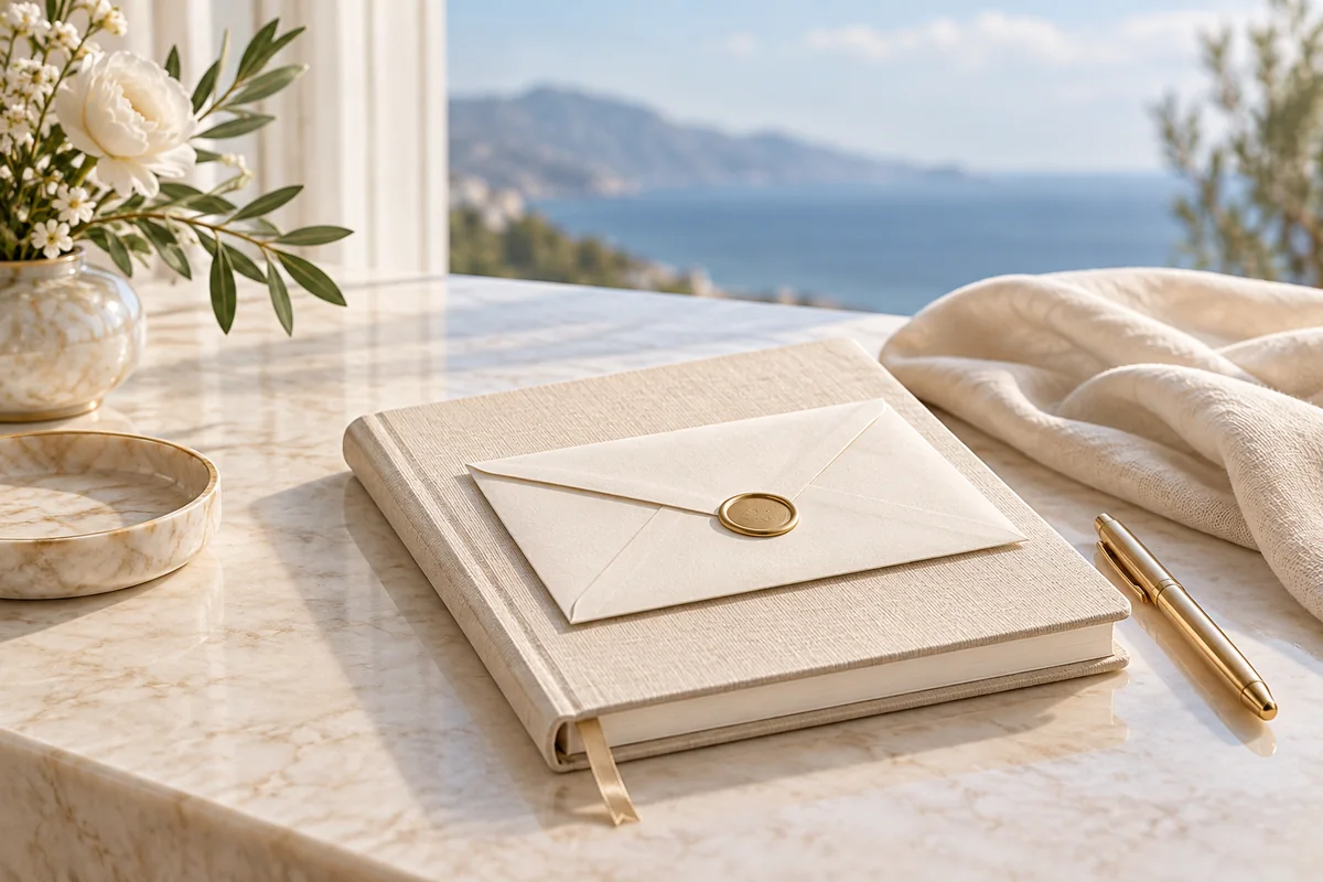 Illustrative closed notebook and sealed envelope on a cream desk