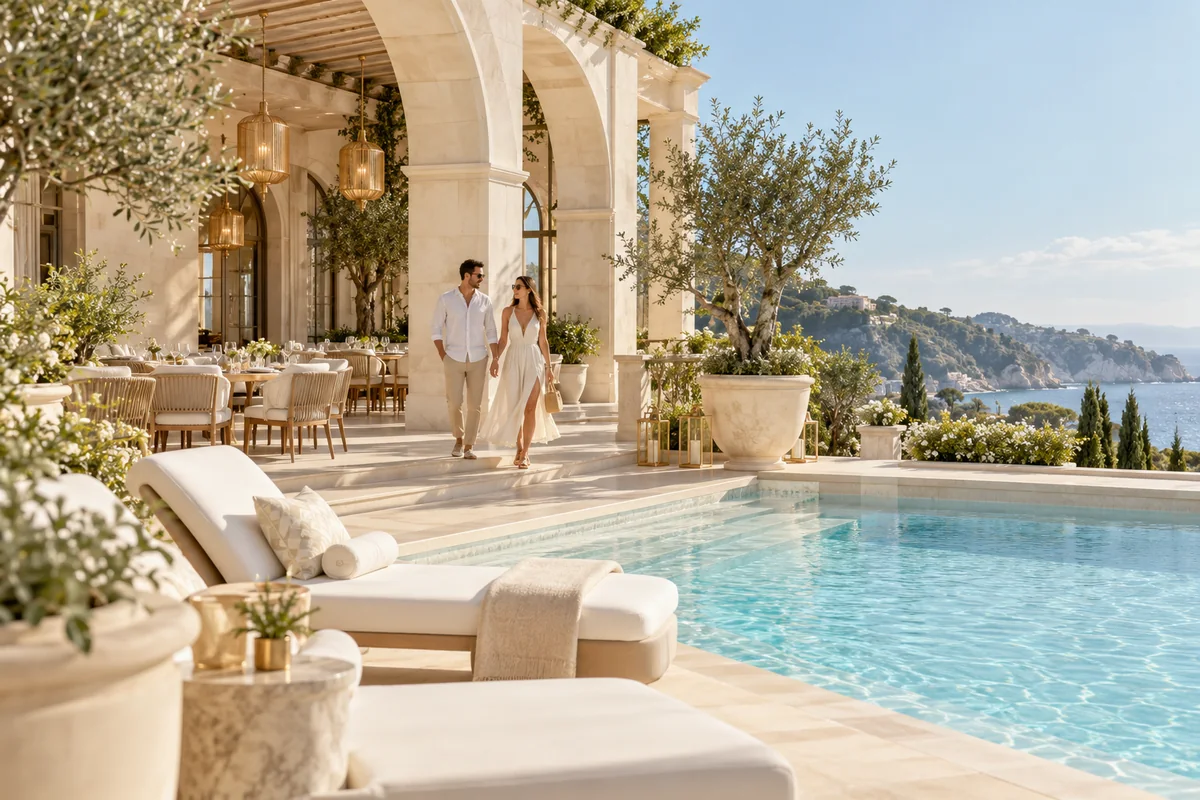 Illustrative sunlit resort courtyard with a pool and dining terrace