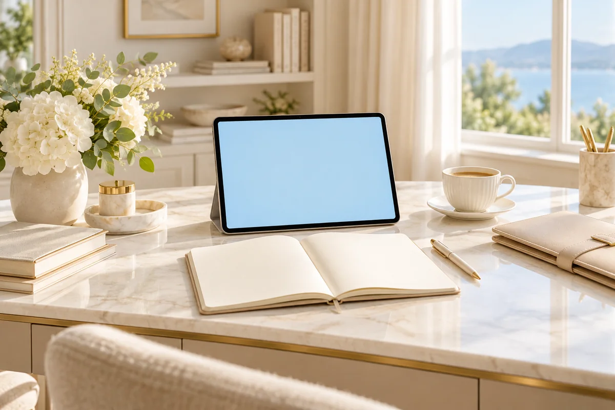 Illustrative tablet and planning workspace for agent tools