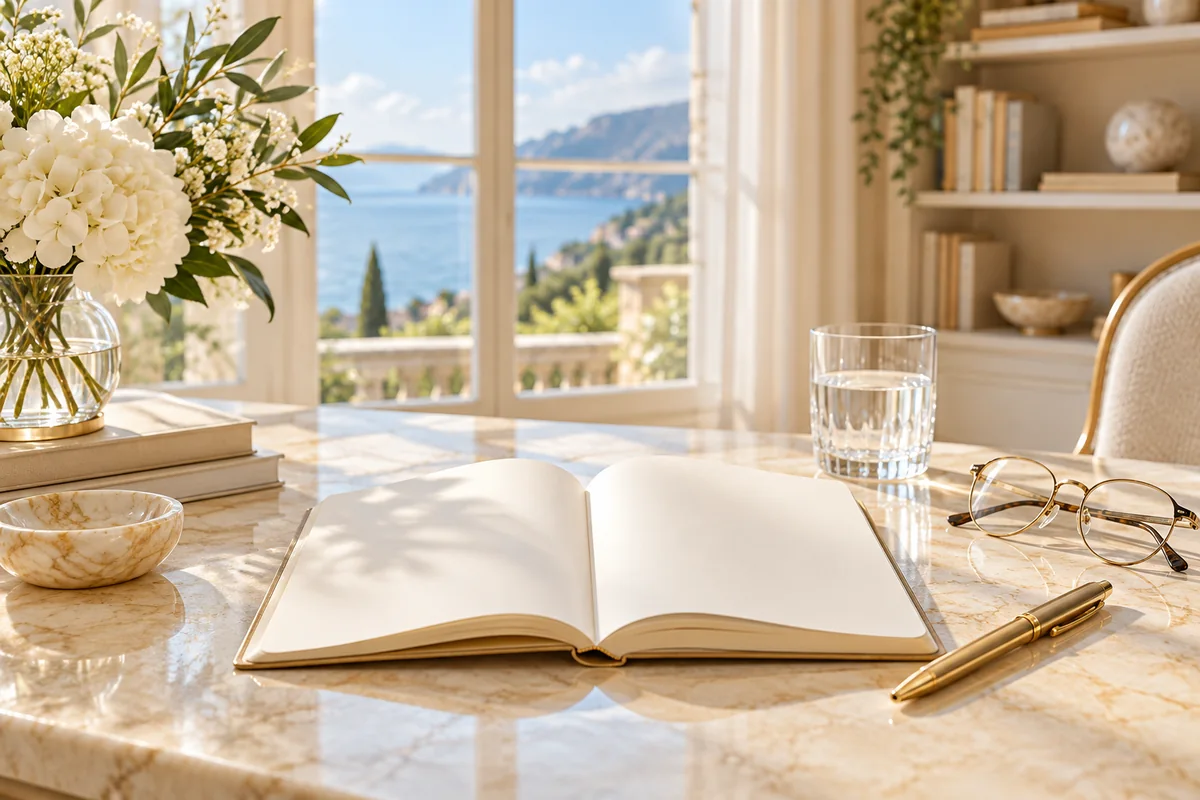 Illustrative open notebook and reading glasses in a quiet elegant study