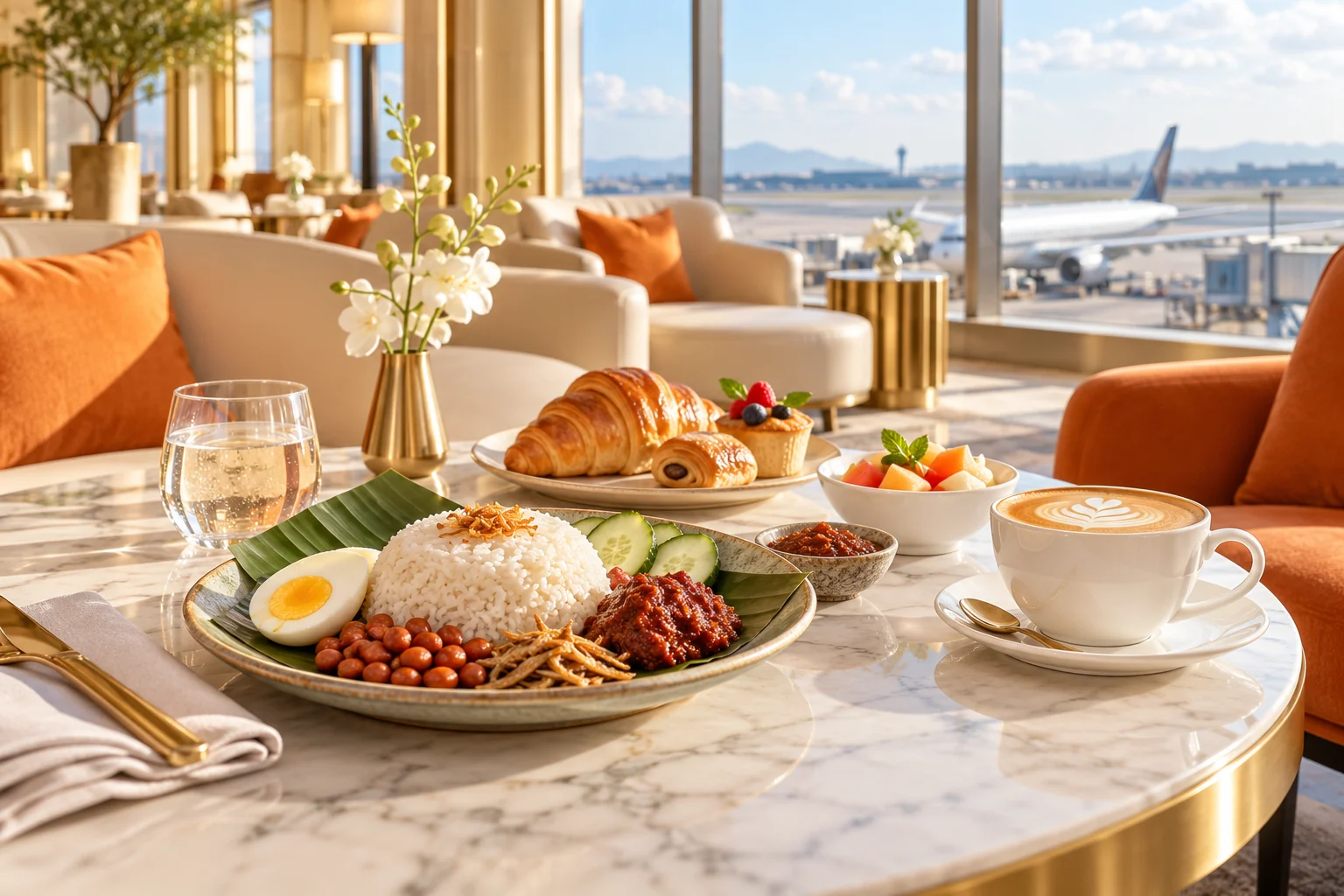 Malaysian meal, pastries and coffee, illustrative lounge dining scene