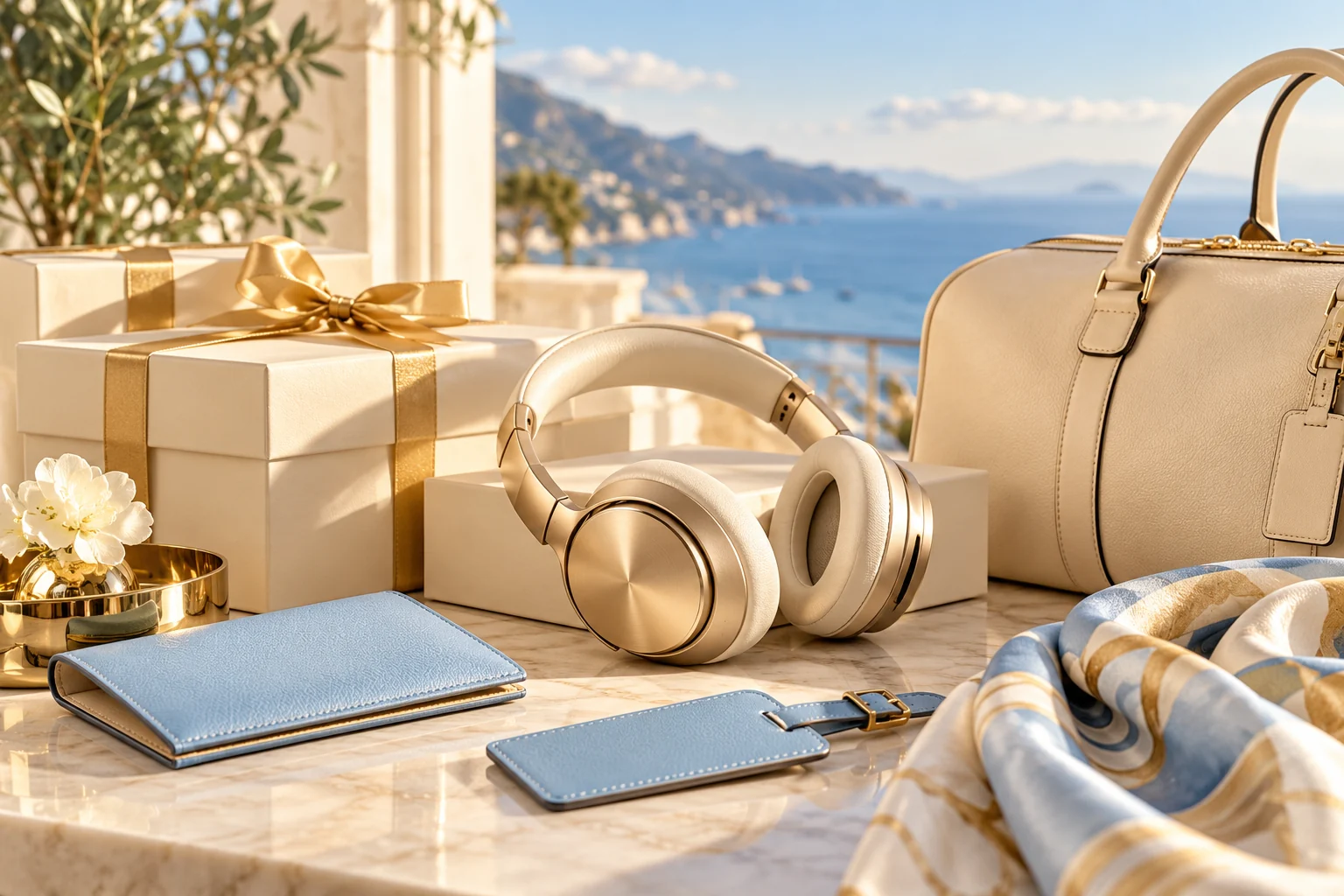 Headphones, gift boxes and accessories, illustrative rewards scene