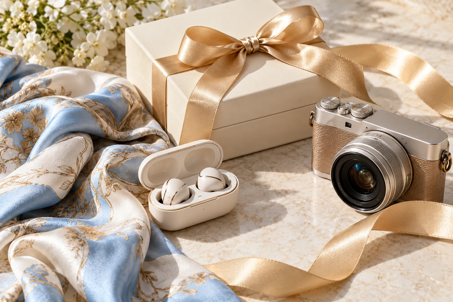 Gift box, camera and earbuds, illustrative reward inspiration